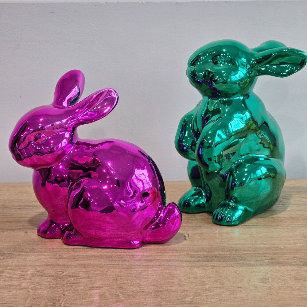 Set 2 Dept 56 Metallic Rabbit Bunny Hot Pink Green Mirror High Shine Polished 7”